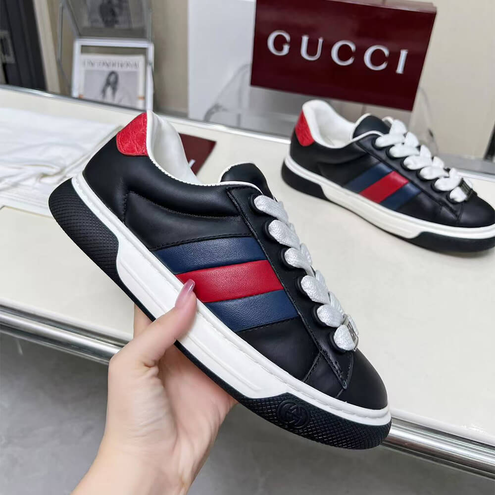 Gucci Ace Web Stripe Leather Sneakers Shoes - Replica Luxury Bags™