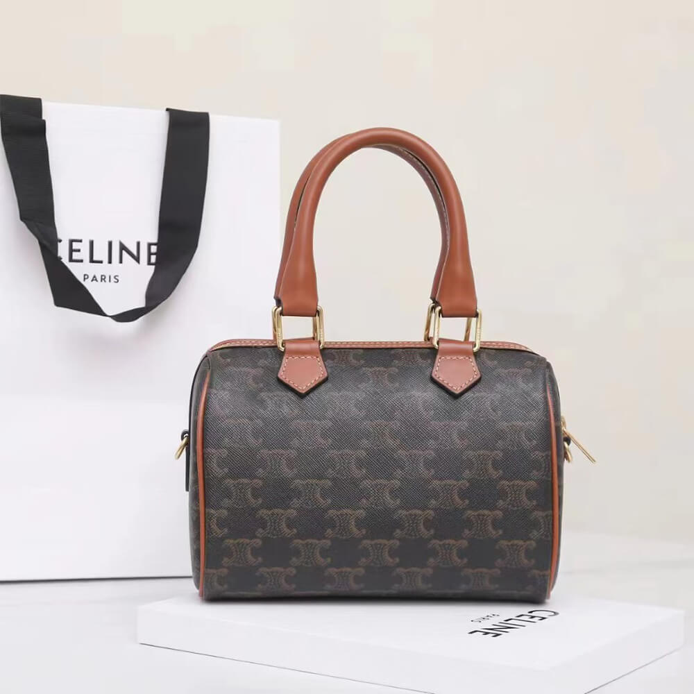 Celine Small Boston Bag in Triomphe Canvas and calfskin - Replica Luxury Bags™