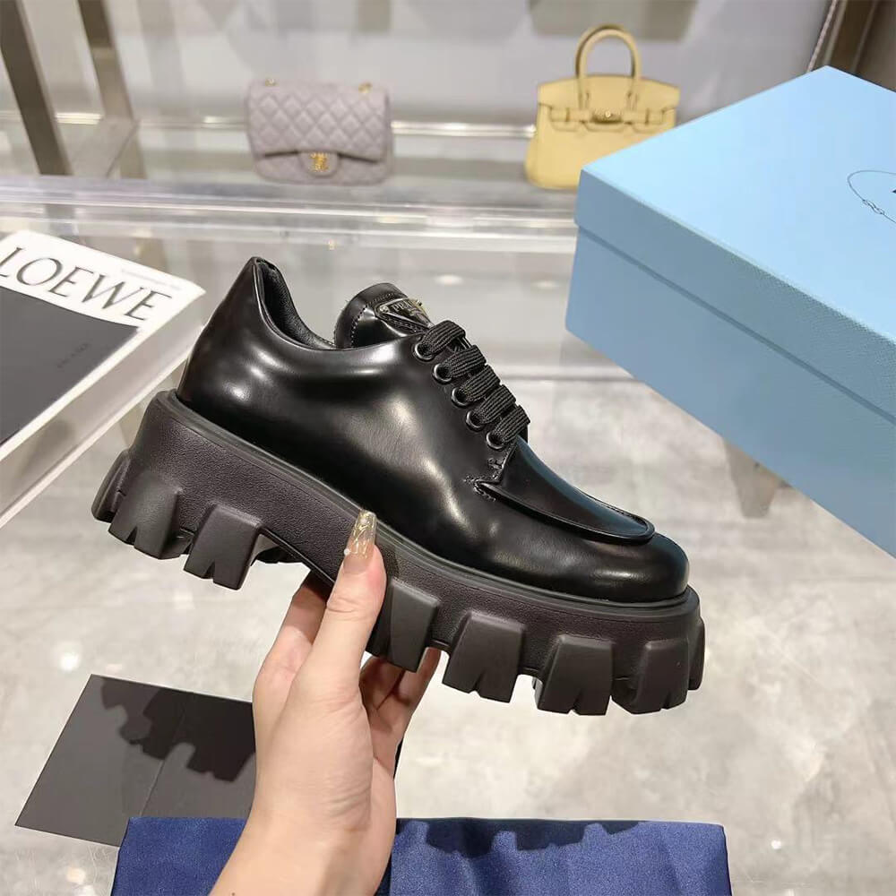 Prada Monolith Brushed Leather Lace-up Shoes - Replica Luxury Bags™