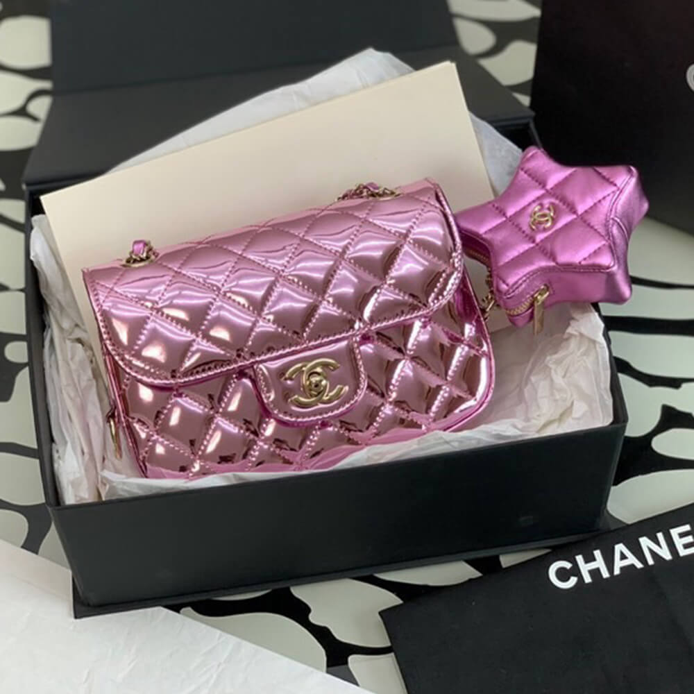 Chanel Mini Flap Bag in Metallic Pink with Star Pouch Charm - Replica Luxury Bags™