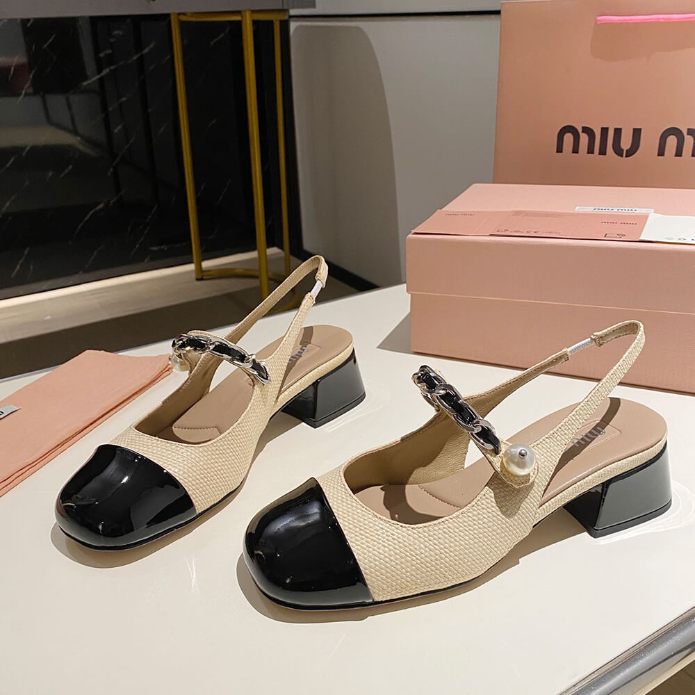 MIUMIU Patent leather and raffia slingback pumps Shoes - Replica Luxury Bags™