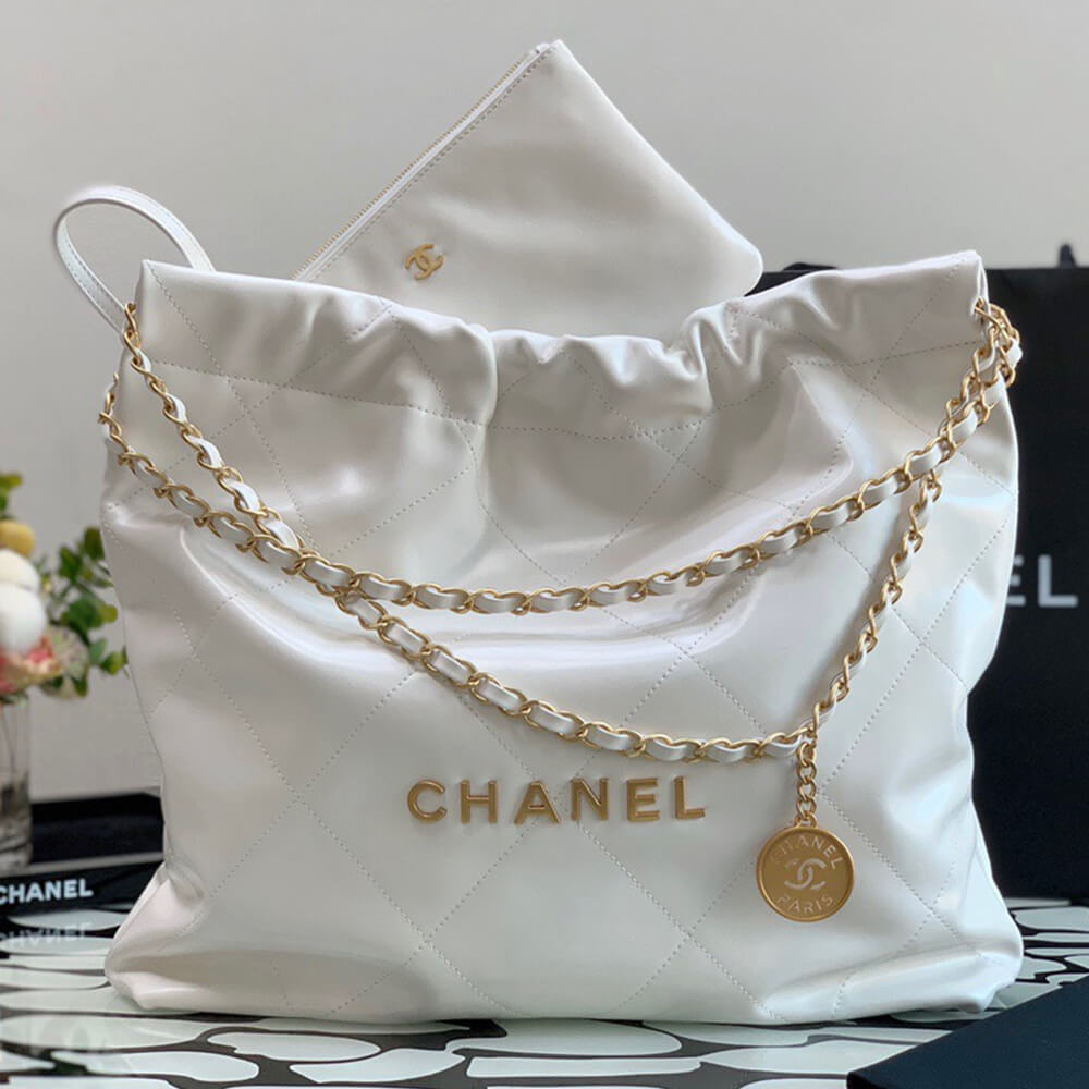 Chanel 22 Small Handbag in White with Gold Hardware - Replica Luxury Bags™