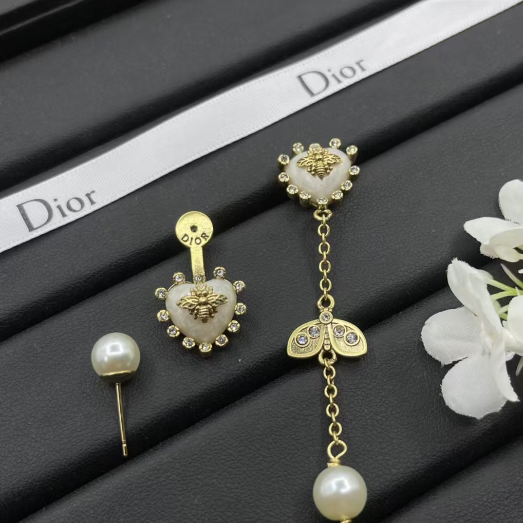 Dior Asymmetric Bee Heart Stud Long Drop Star Earrings - Rep Fashion™