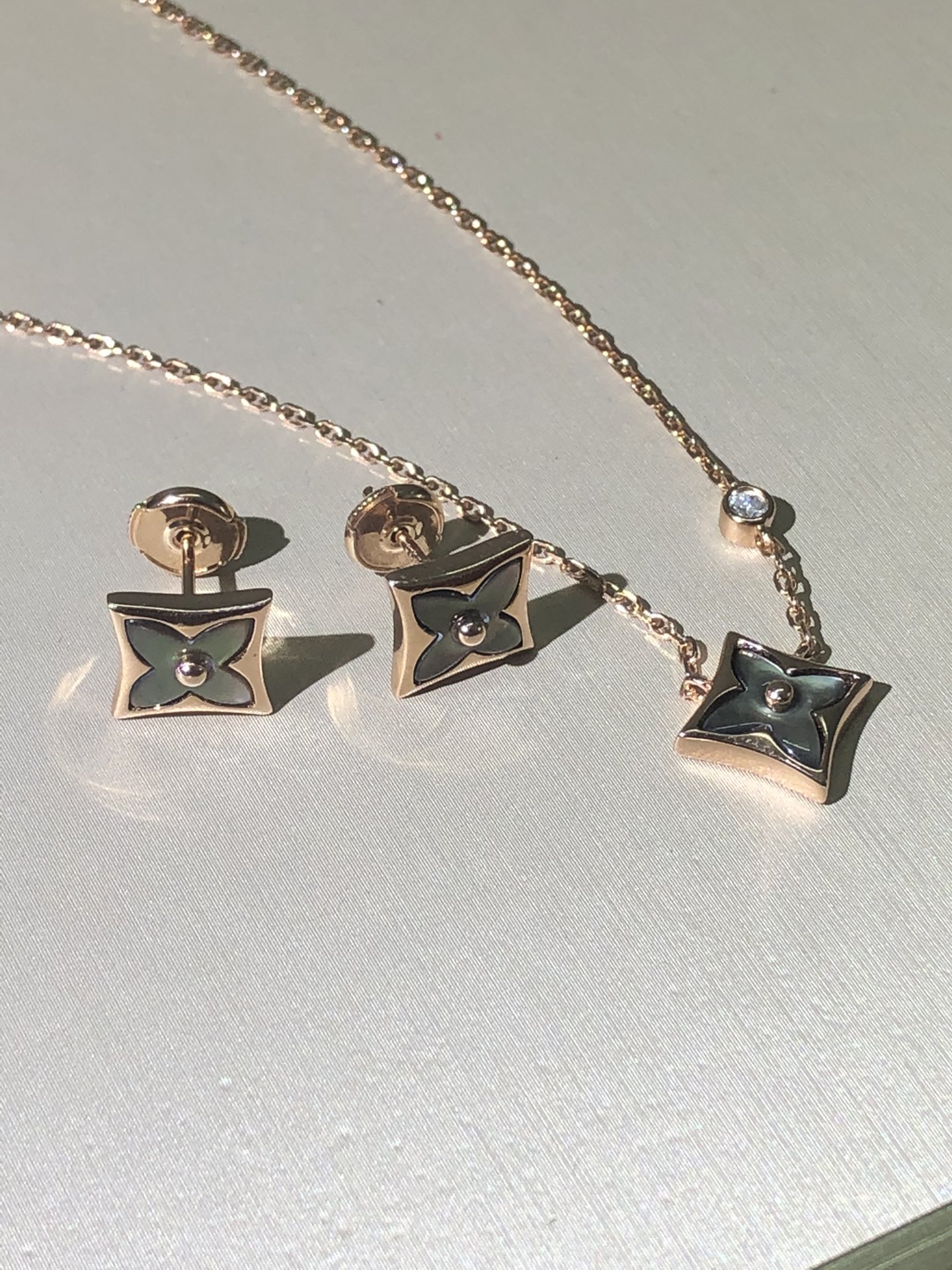 Louis Vuitton Rose Gold Gray Mother of Pearl Earrings Bracelet Necklace - Rep Fashion™