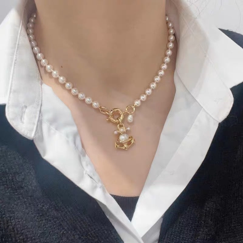 Vivienne Westwood Anchor Saturn Pendant Pearl Necklace - Rep Fashion™