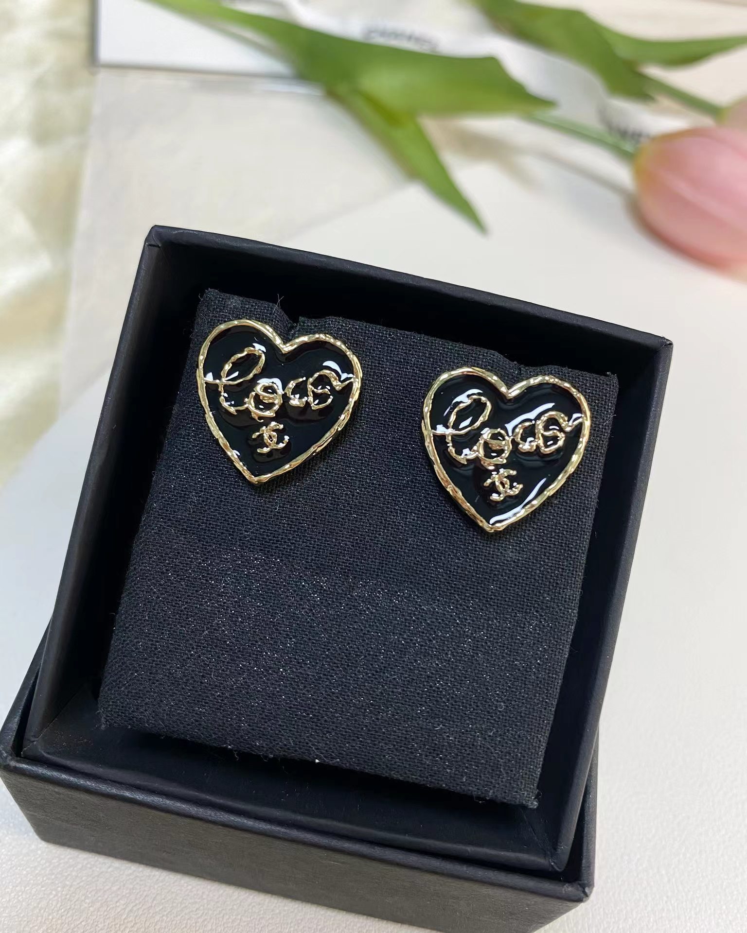 Chanel Black Love Heart Stud Earrings - Rep Fashion™