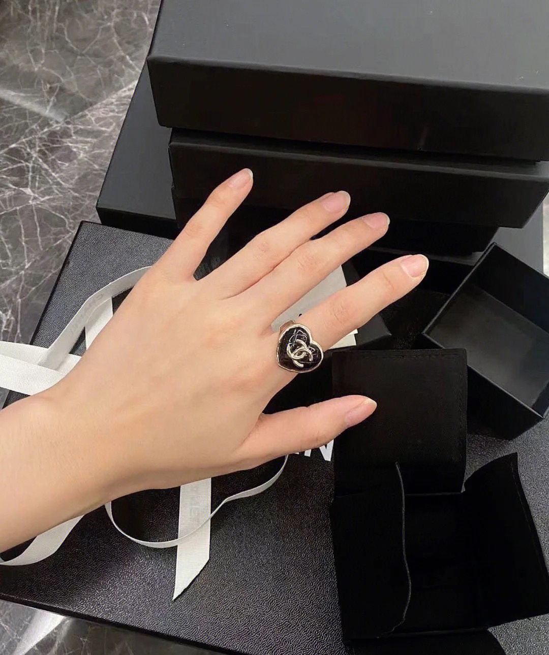 Chanel Large Quilted Black Heart Ring - Rep Fashion™