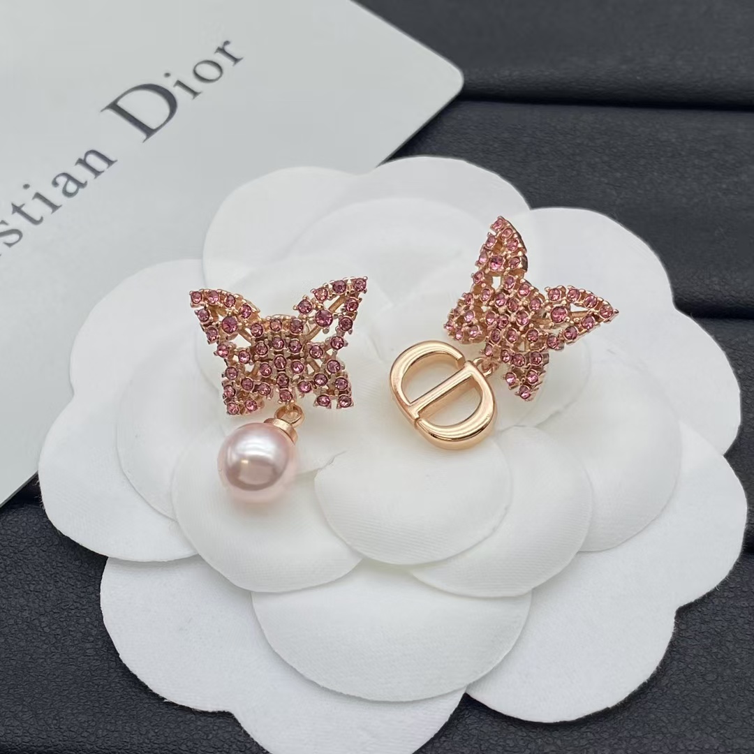 Dior Asymmetric Rose Gold-Finish Pink Butterfly Earrings - Rep Fashion™