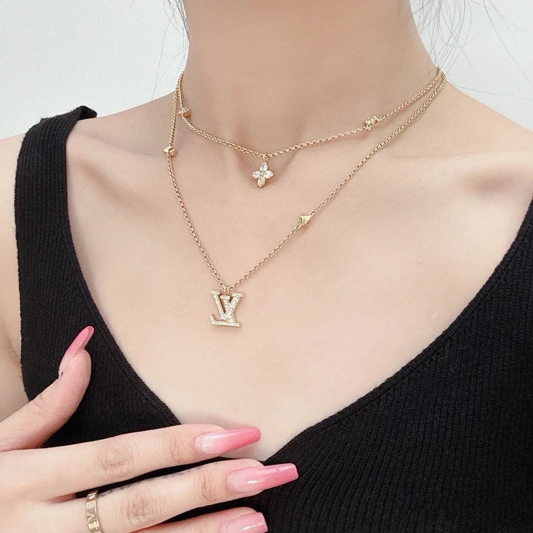 Louis Vuitton 2 Layers Diamond LV Monogram Pendant Necklace - Rep Fashion™