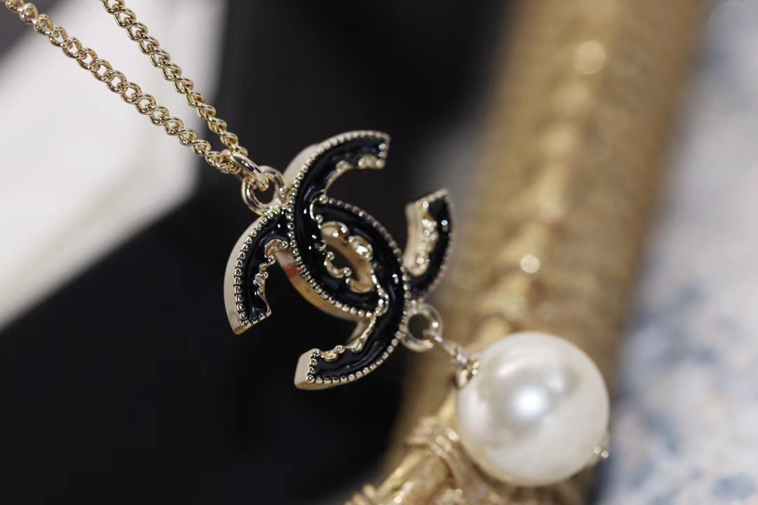 Chanel Black Double C Pearl Drop Pendant Necklace - Rep Fashion™