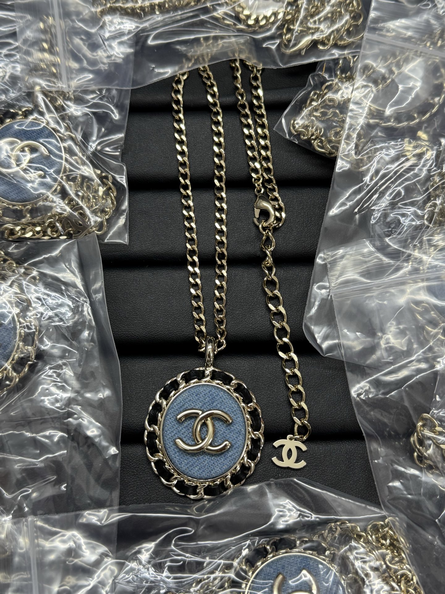 Chanel Large Leather Wrap Vintage Denim Oval Pendant Necklace - Rep Fashion™