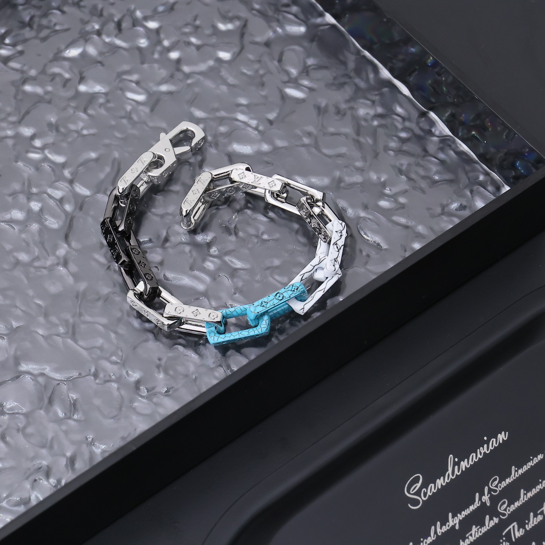 Louis Vuitton Silver Blue Black Colors Monogram Mens Bracelet - Rep Fashion™