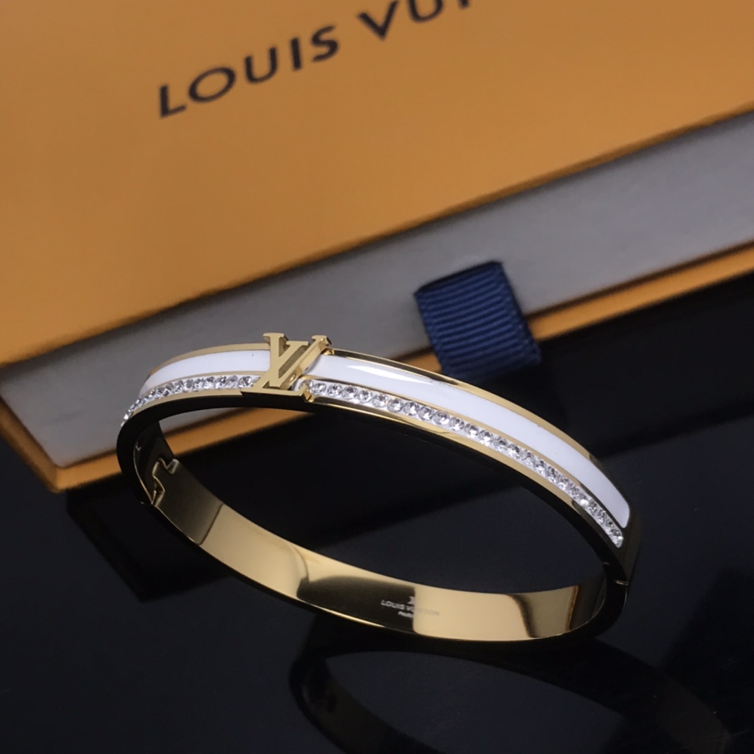 Louis Vuitton White Enamel Diamond LV Bangle Bracelet - Rep Fashion™