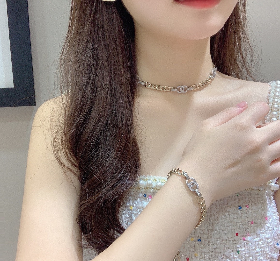 Chanel Mixed Color Cuban Chain Bracelet Earrings Choker Necklace - Rep Fashion™