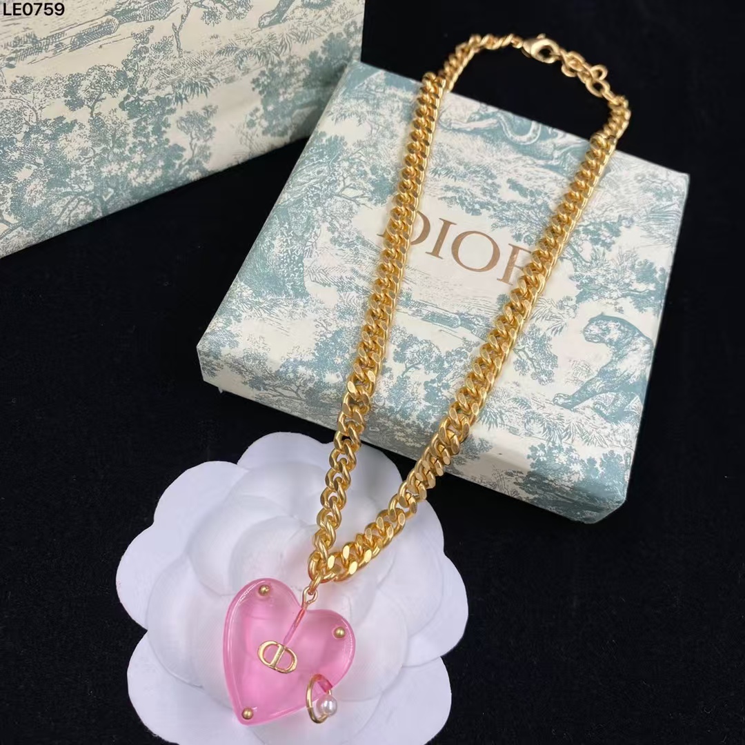 Dior Chunky Cuban Chain Big Pink Heart Pendant Necklace - Rep Fashion™