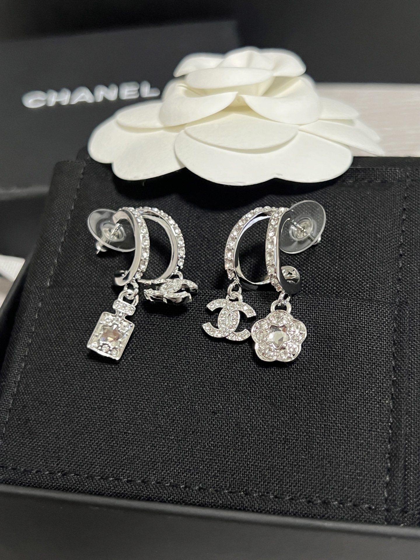 Chanel Asymmetric Silver Earrings with Rhinestone Perfume Bottle Camellia CC Dangle - Rep Fashion™