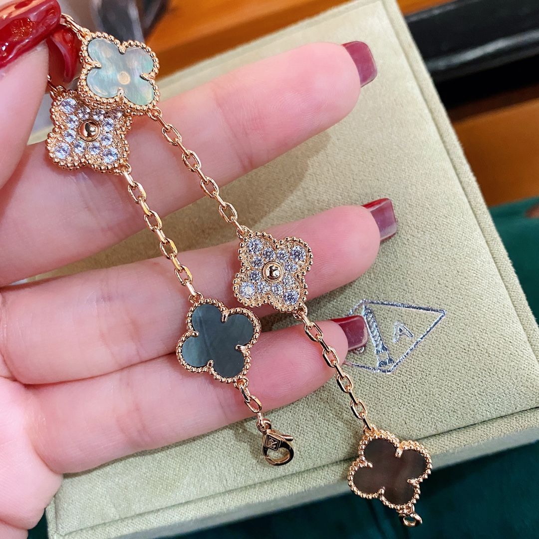 VCA Gray Mother of Pearl & Diamond Vintage Alhambra Bracelet, 5 Motifs - Rep Fashion™