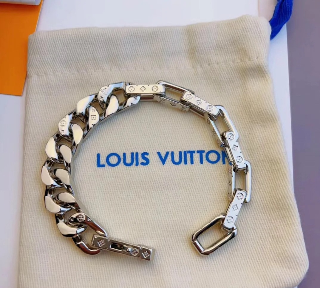 Louis Vuitton Silver Chunky Mixed Cuban Chain Mens Bracelet - Rep Fashion™
