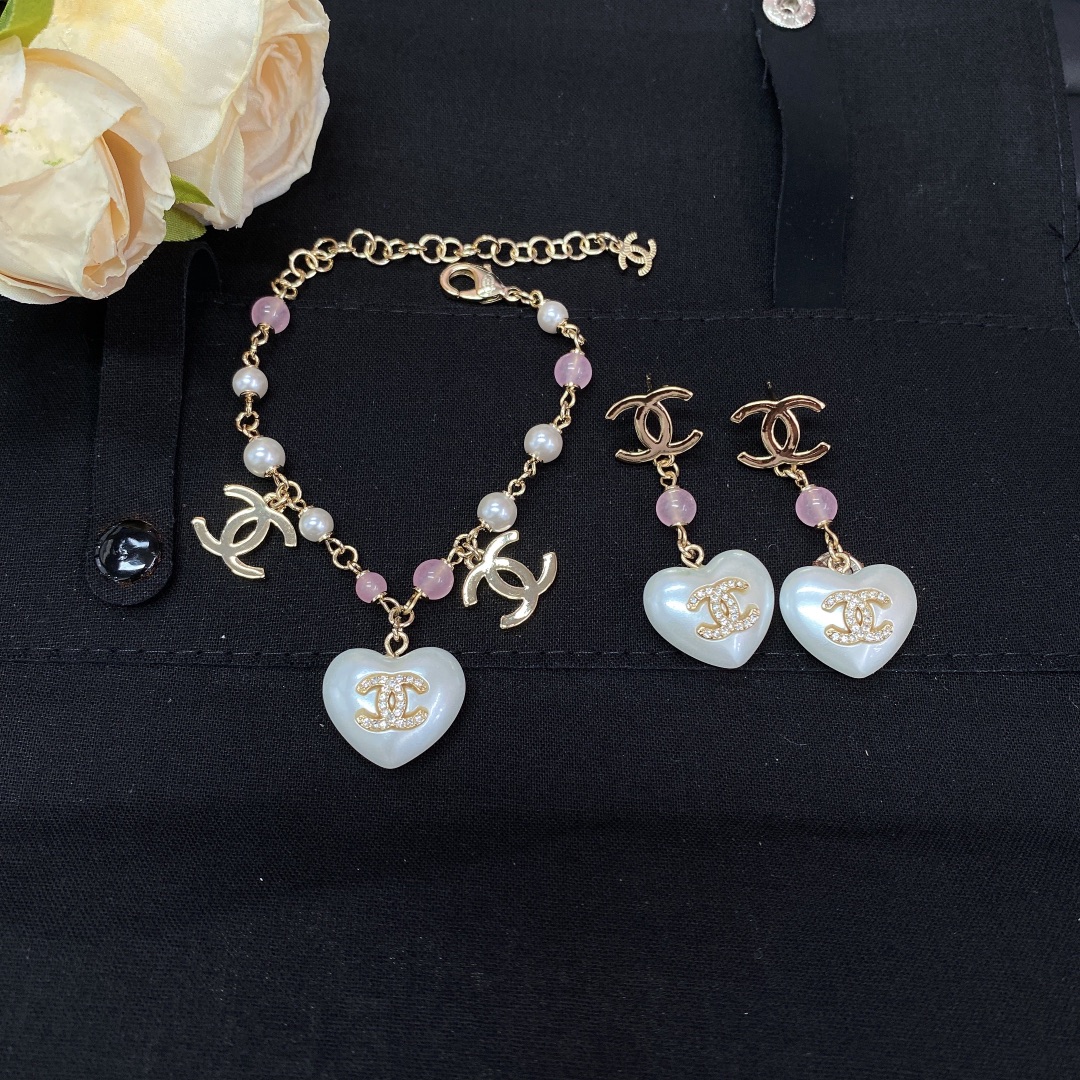 Chanel White Heart Pink Bead Bracelet Earrings - Rep Fashion™