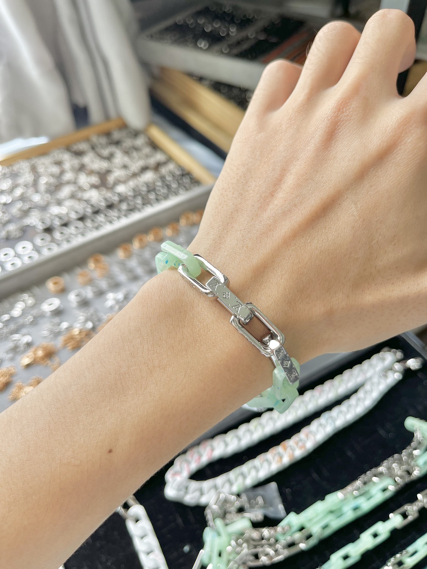 Louis Vuitton Green Silver Monogram Mens Bracelet - Rep Fashion™