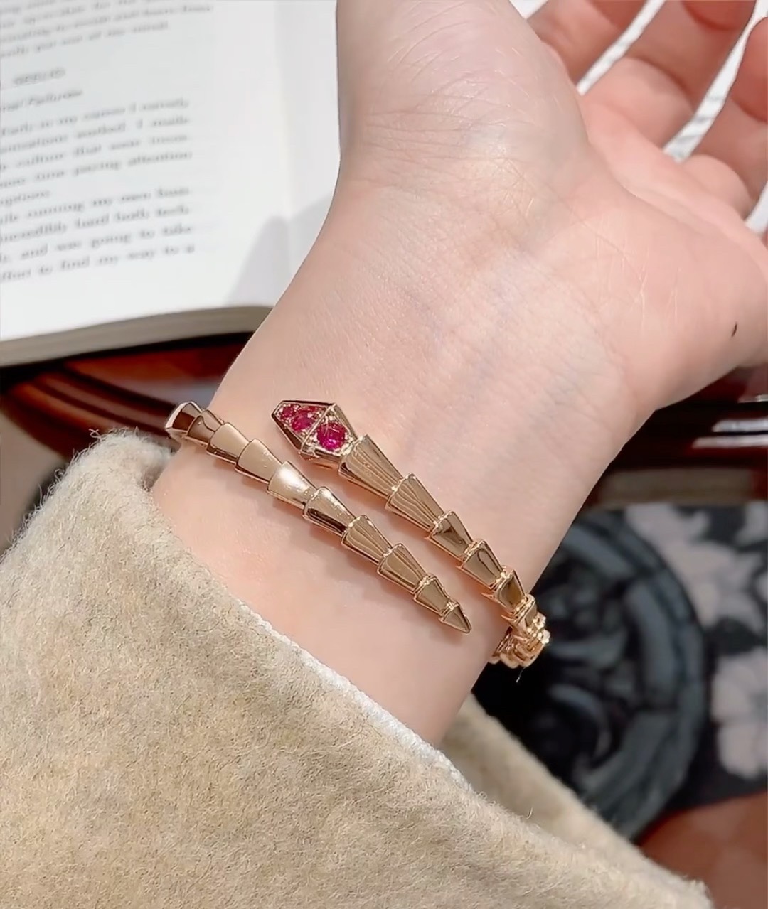 Bvlgari Rose Gold and Red Gem Serpenti Viper Bangle Bracelet - Rep Fashion™