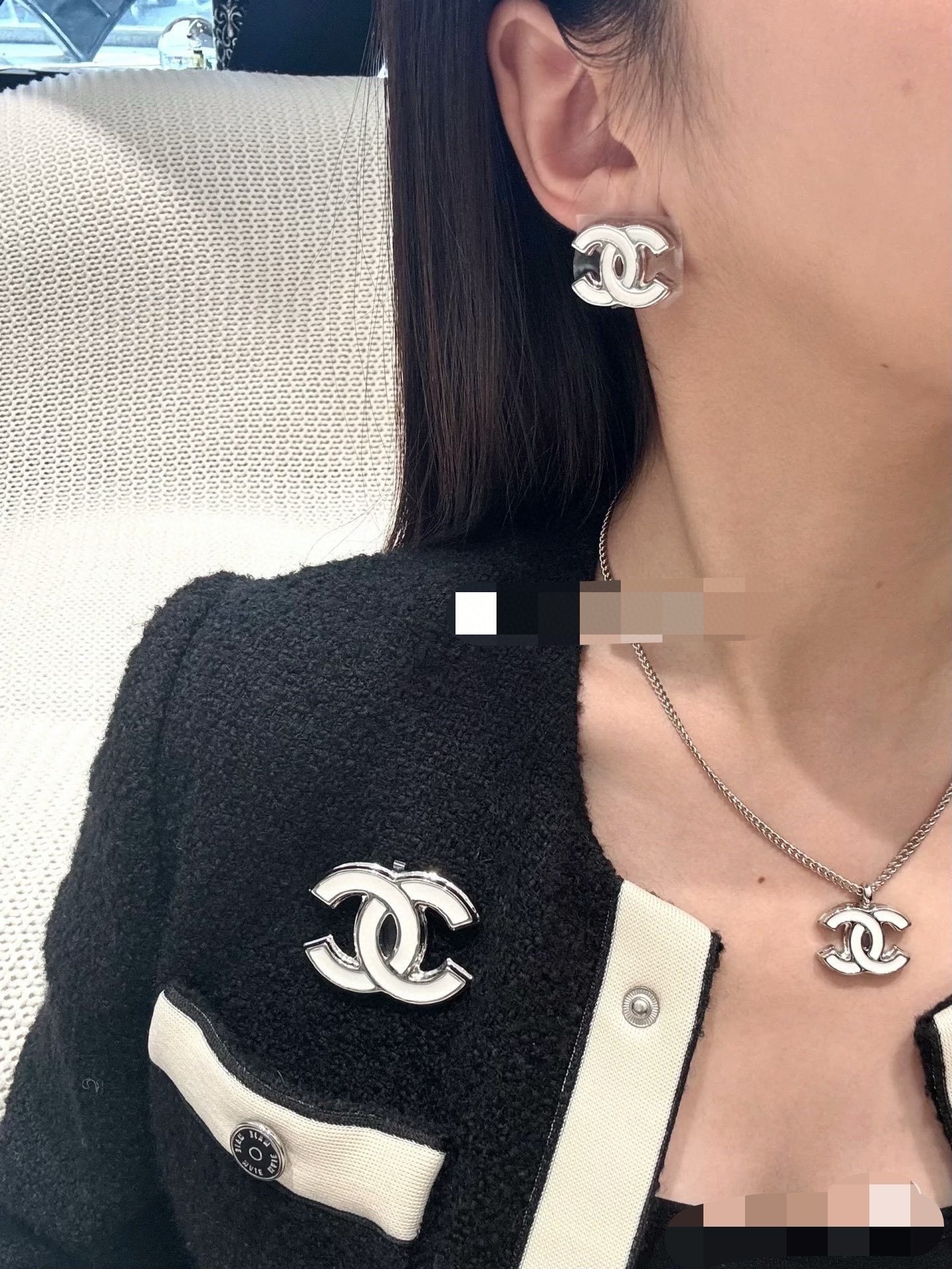 Chanel White Enamel CC Earrings Necklace Brooch - Rep Fashion™
