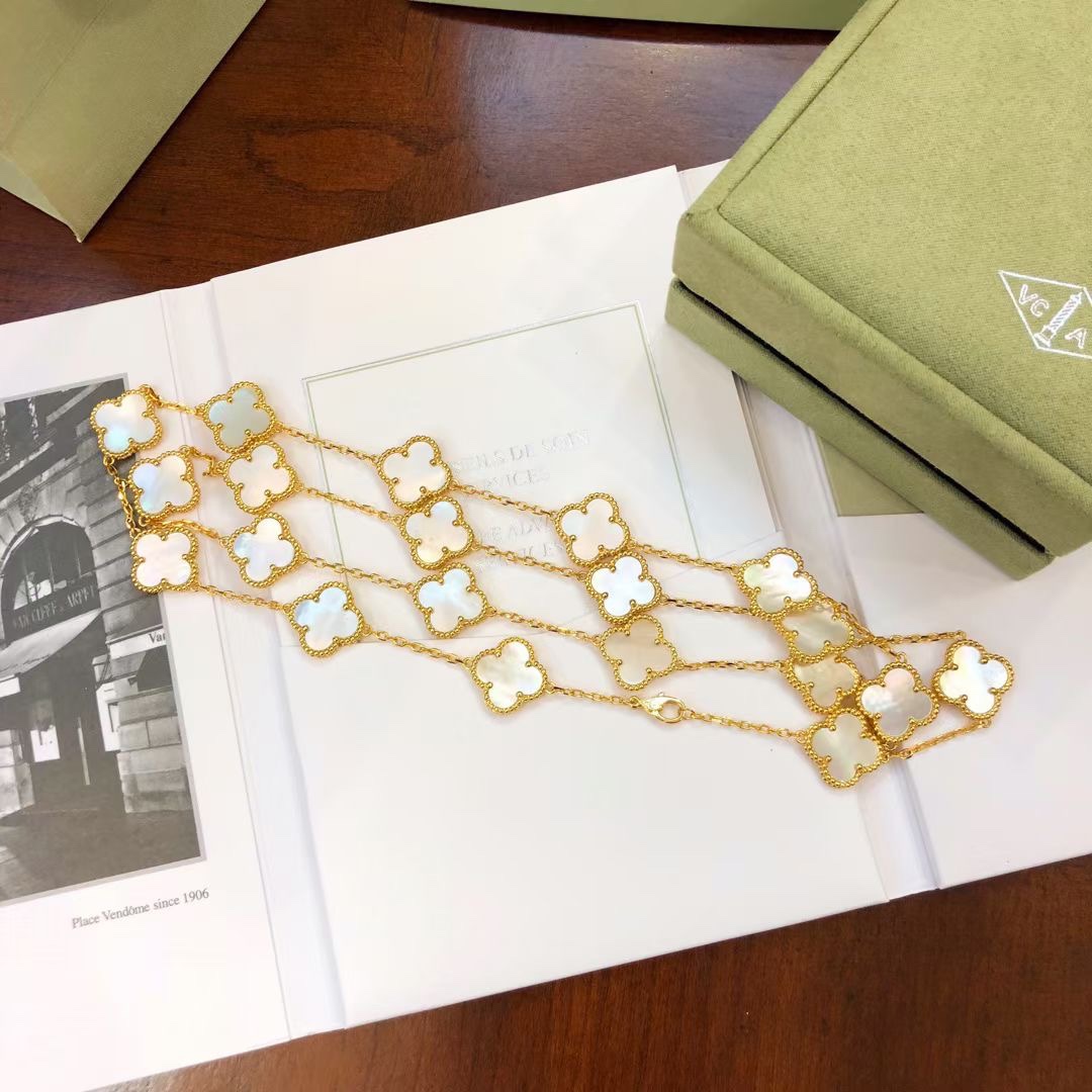VCA Yellow Gold White Clover Vintage Alhambra Long Necklace, 20 Motifs - Rep Fashion™