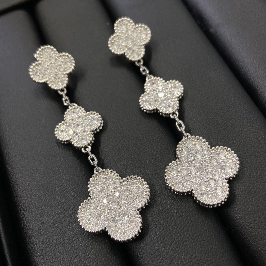 VCA Paved Full Diamond Long Clover Earrings - Rep Fashion™