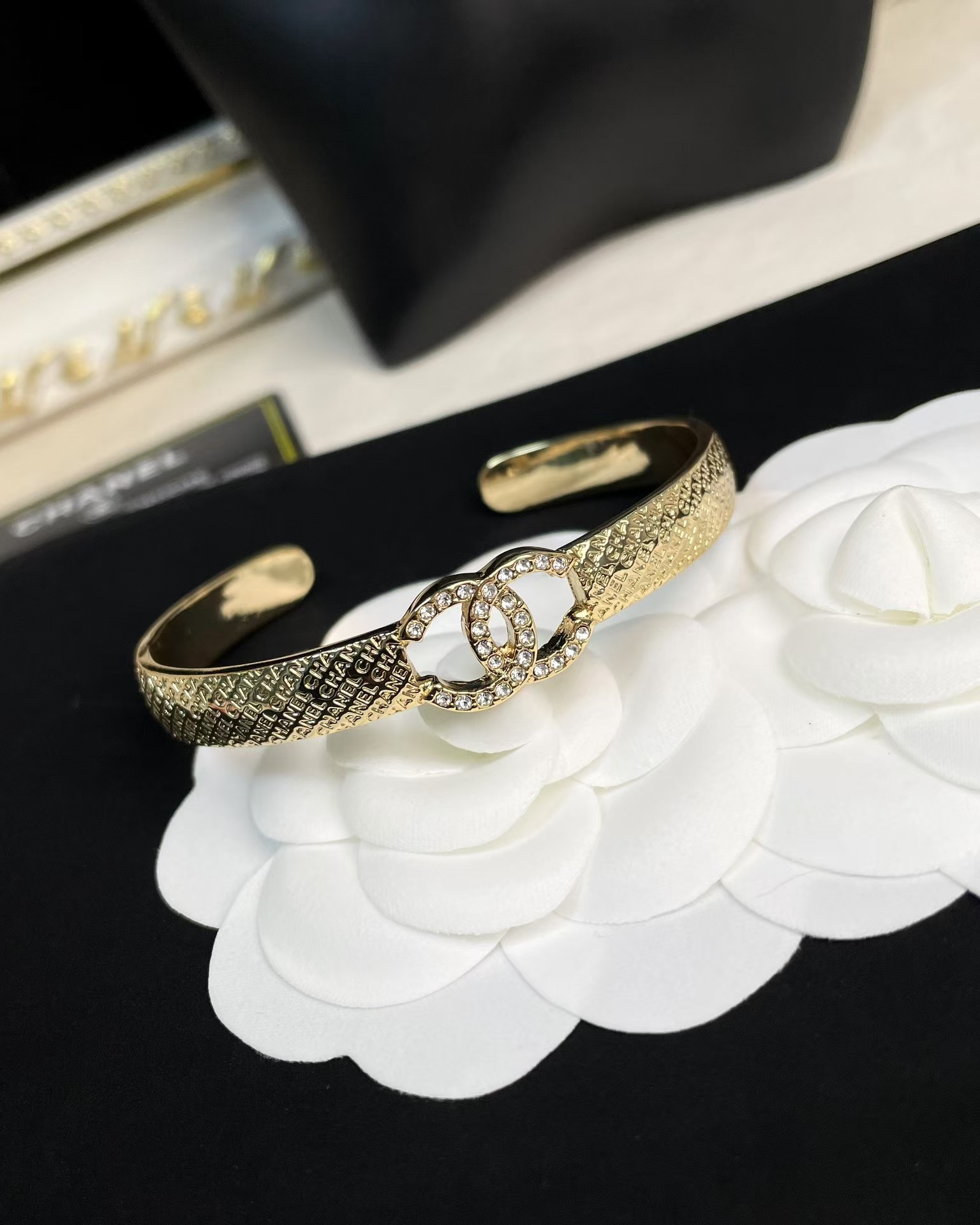 Chanel Hollow Diamond Paved Double C Open Bangle Bracelet - Rep Fashion™