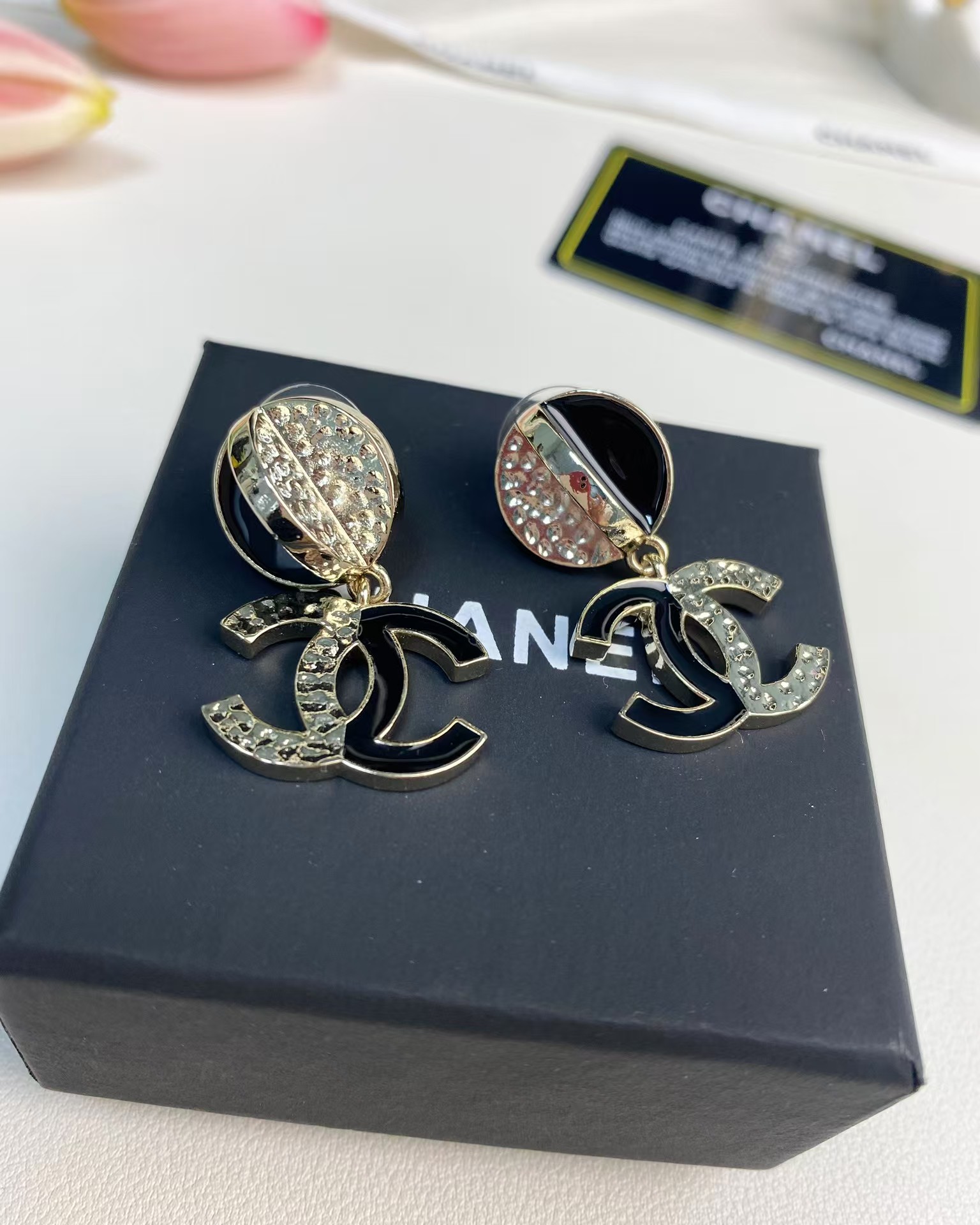 Chanel Half Black Enamel Double C Dangle Earrings - Rep Fashion™