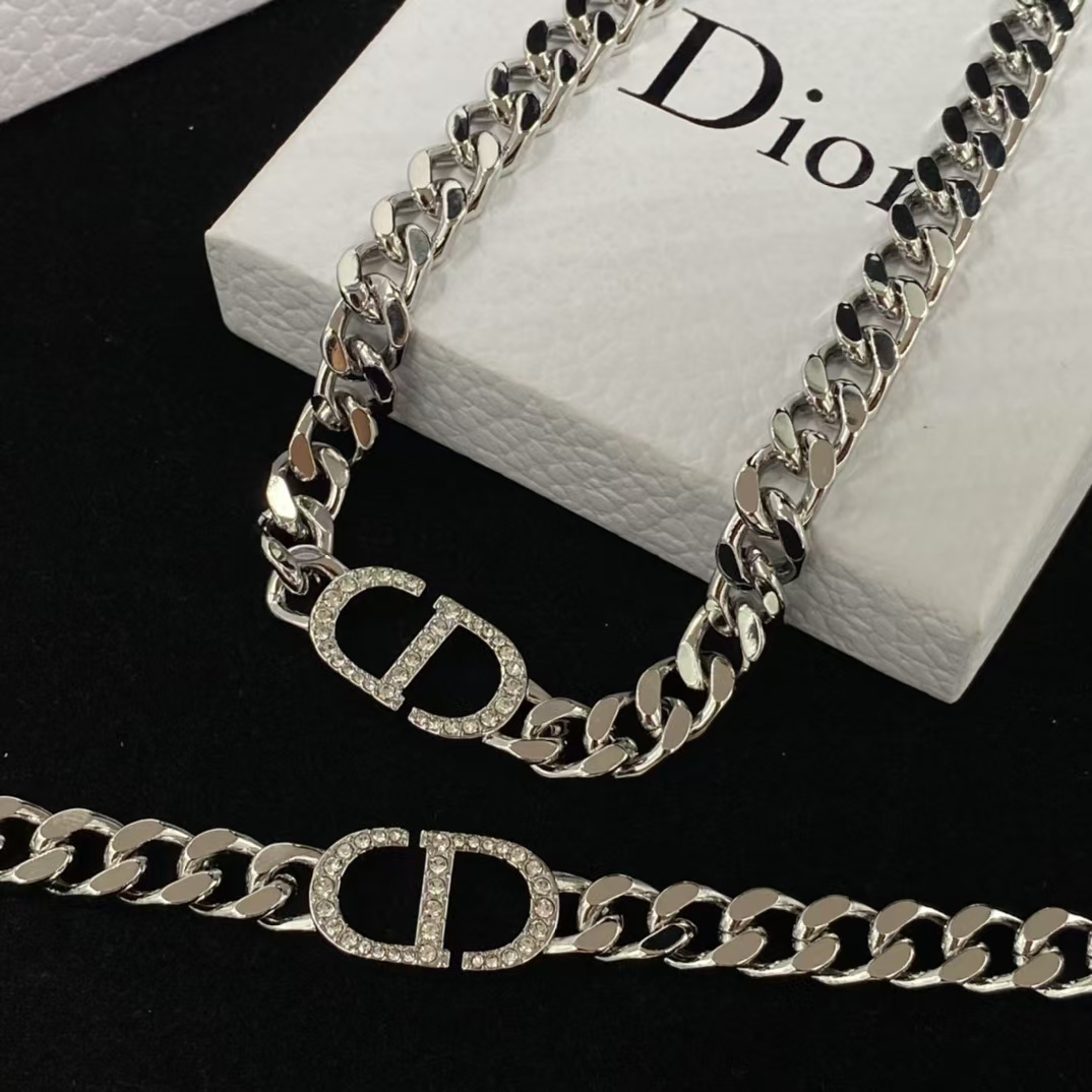 Dior Chunky Silver Cuban Chain CD Necklace Bracelet - Rep Fashion™