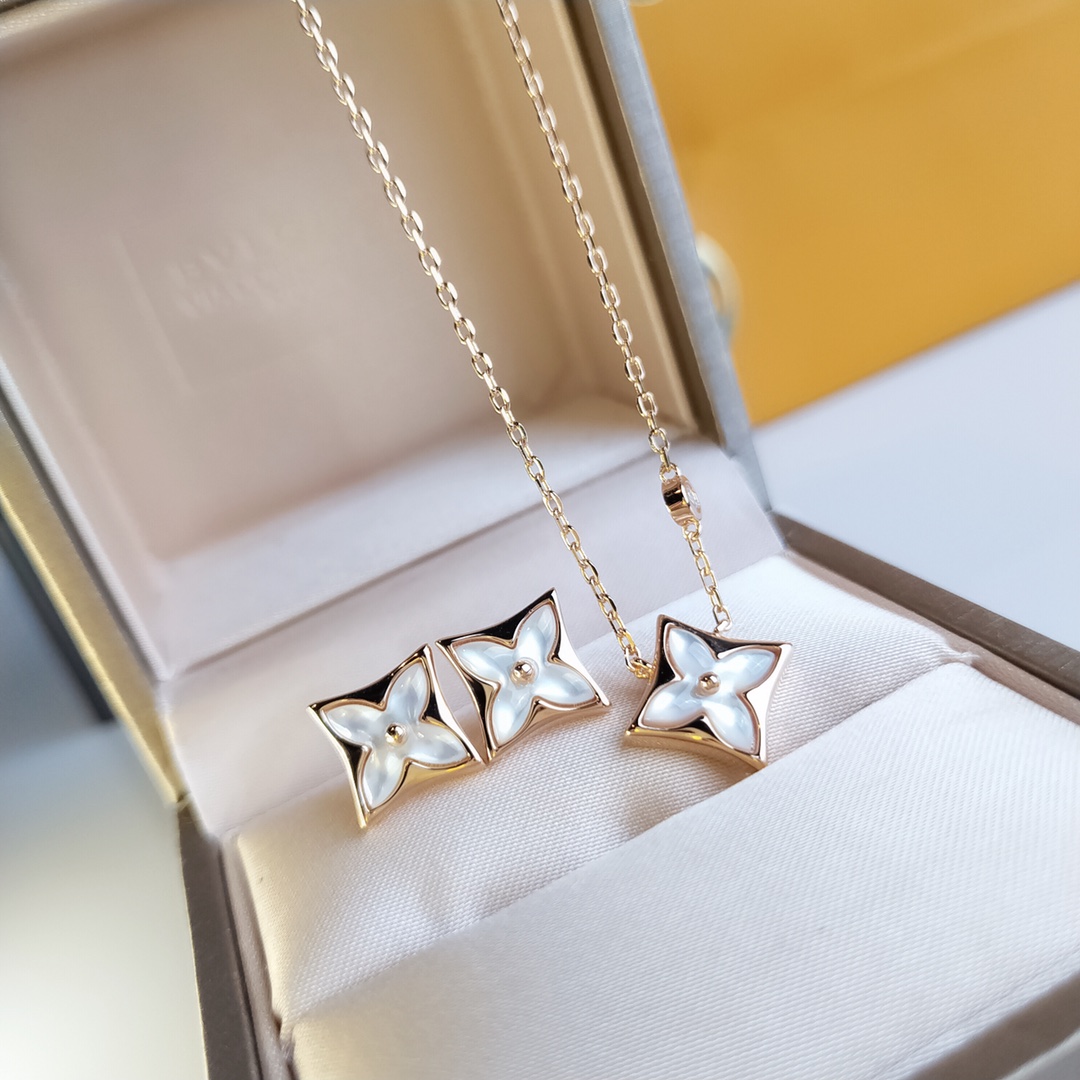 Louis Vuitton Rose Gold White Mother of Pearl Blossom Earrings Necklace - Rep Fashion™