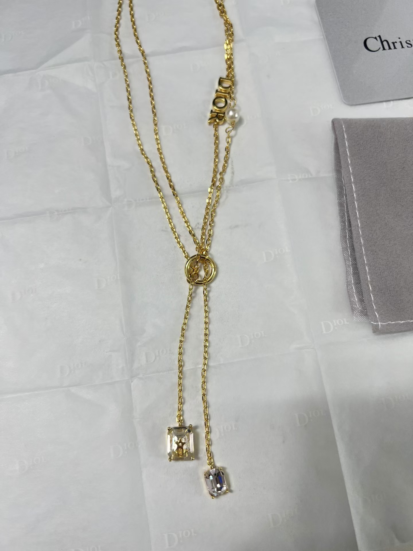 Dior Two Layered Two String Diamond Pendant Drop Y Necklace - Rep Fashion™