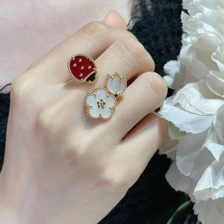 VCA Lucky Spring Flower and Ladybug Between Finger Ring - Rep Fashion™