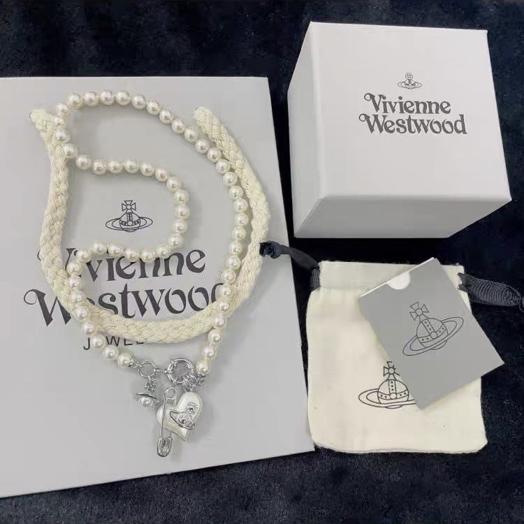 Vivienne Westwood Heart Paperclip Saturn Pearl Necklace - Rep Fashion™