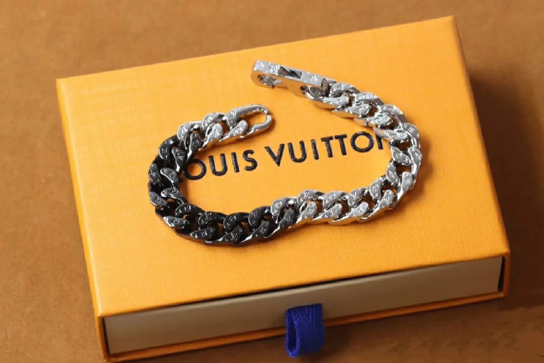 Louis Vuitton Silver Black Cuban Monogram Mens Bracelet - Rep Fashion™