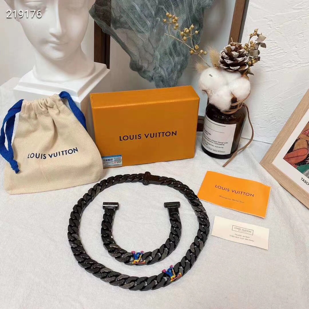 Louis Vuitton Black Cuban Chain Color LV Mens Bracelet Necklace - Rep Fashion™