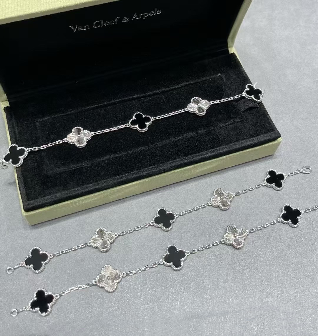 VCA Black Onyx & Silver Vintage Alhambra Bracelet, 5 Motifs - Rep Fashion™