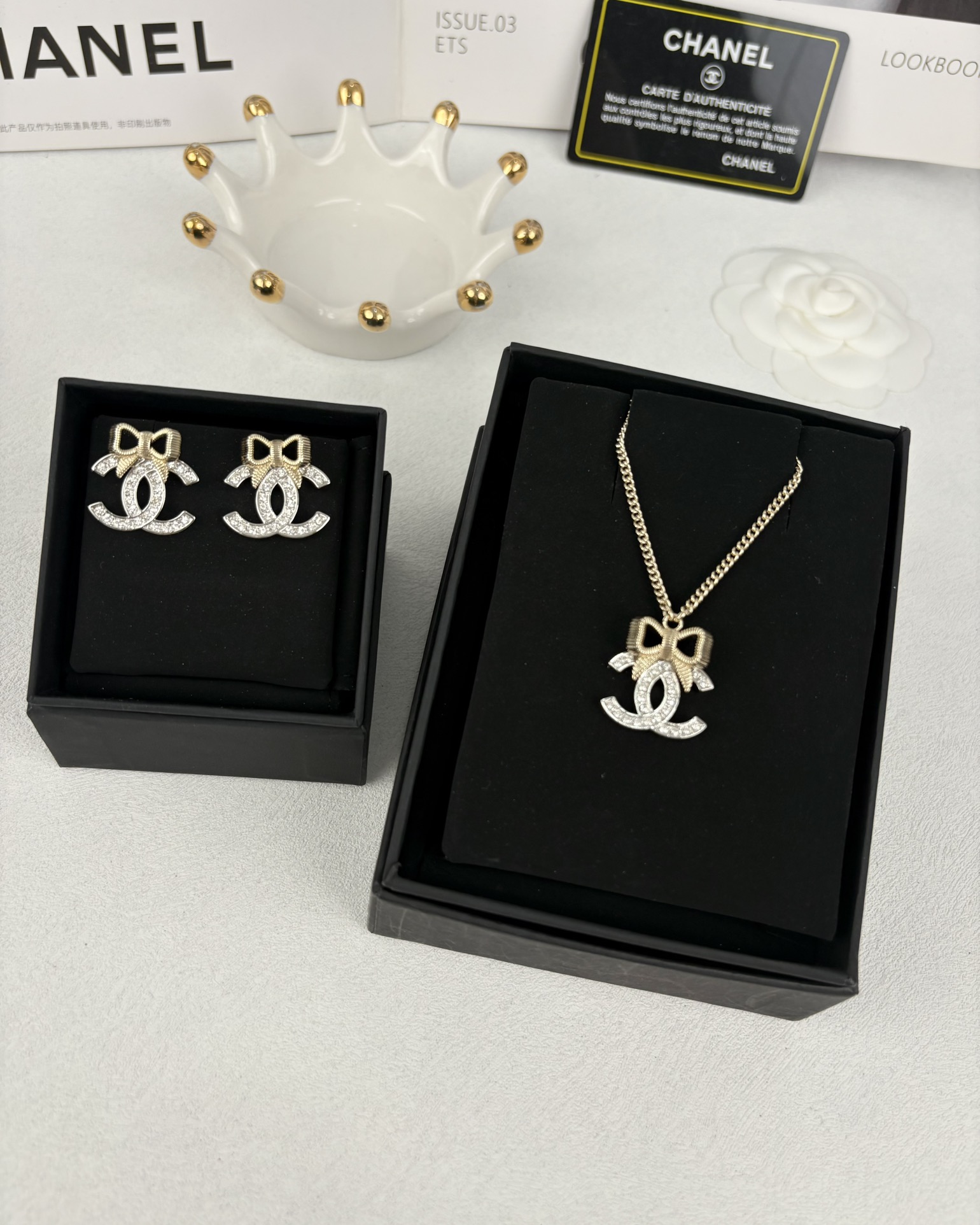 Chanel Light Gold Bow Mixed Silver CC Brooch Earrings Necklace - Rep Fashion™