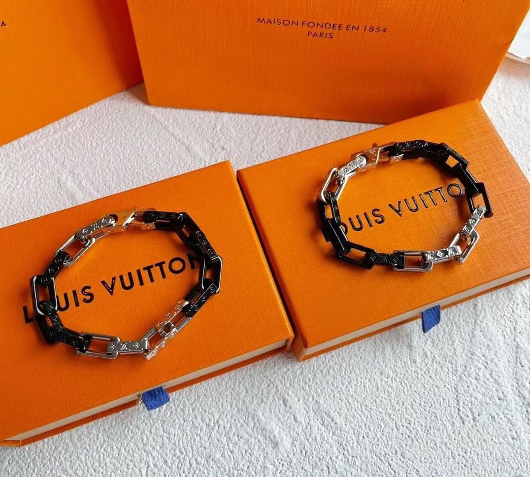 Louis Vuitton Black Silver Mixed Metal Color Monogram Bracelet Mens - Rep Fashion™