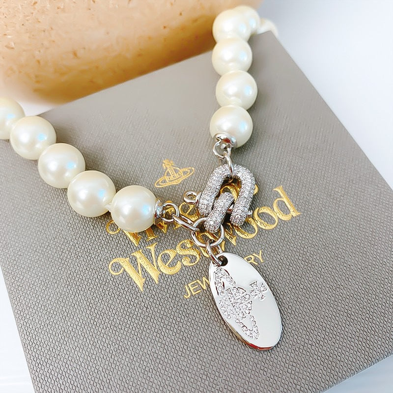 Vivienne Westwood Horseshoe Clasp Saturn Pearl Necklace - Rep Fashion™