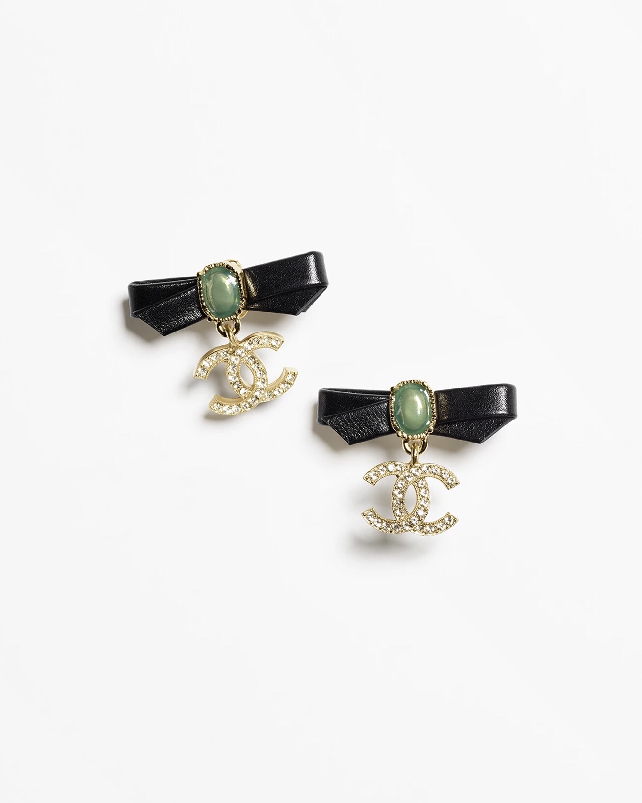Chanel Leather Bow Green Pearl CC Dangle Earrings - Rep Fashion™