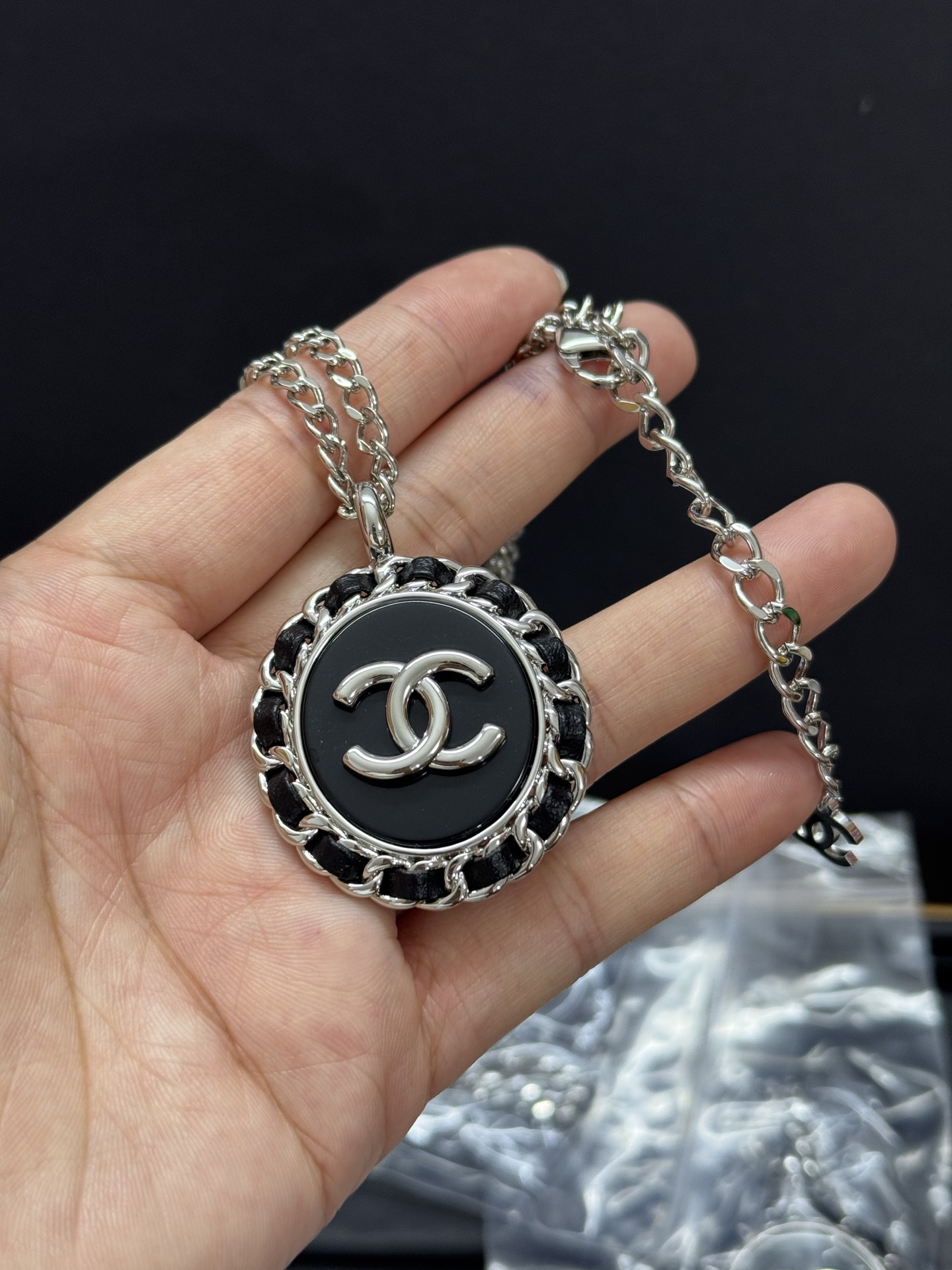Chanel Large Leather Wrap Black Enamel Oval Pendant Necklace - Rep Fashion™