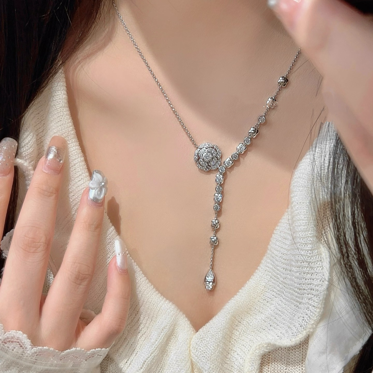 Chanel Camellia Teardrop Y Necklace in Silver Color - Rep Fashion™