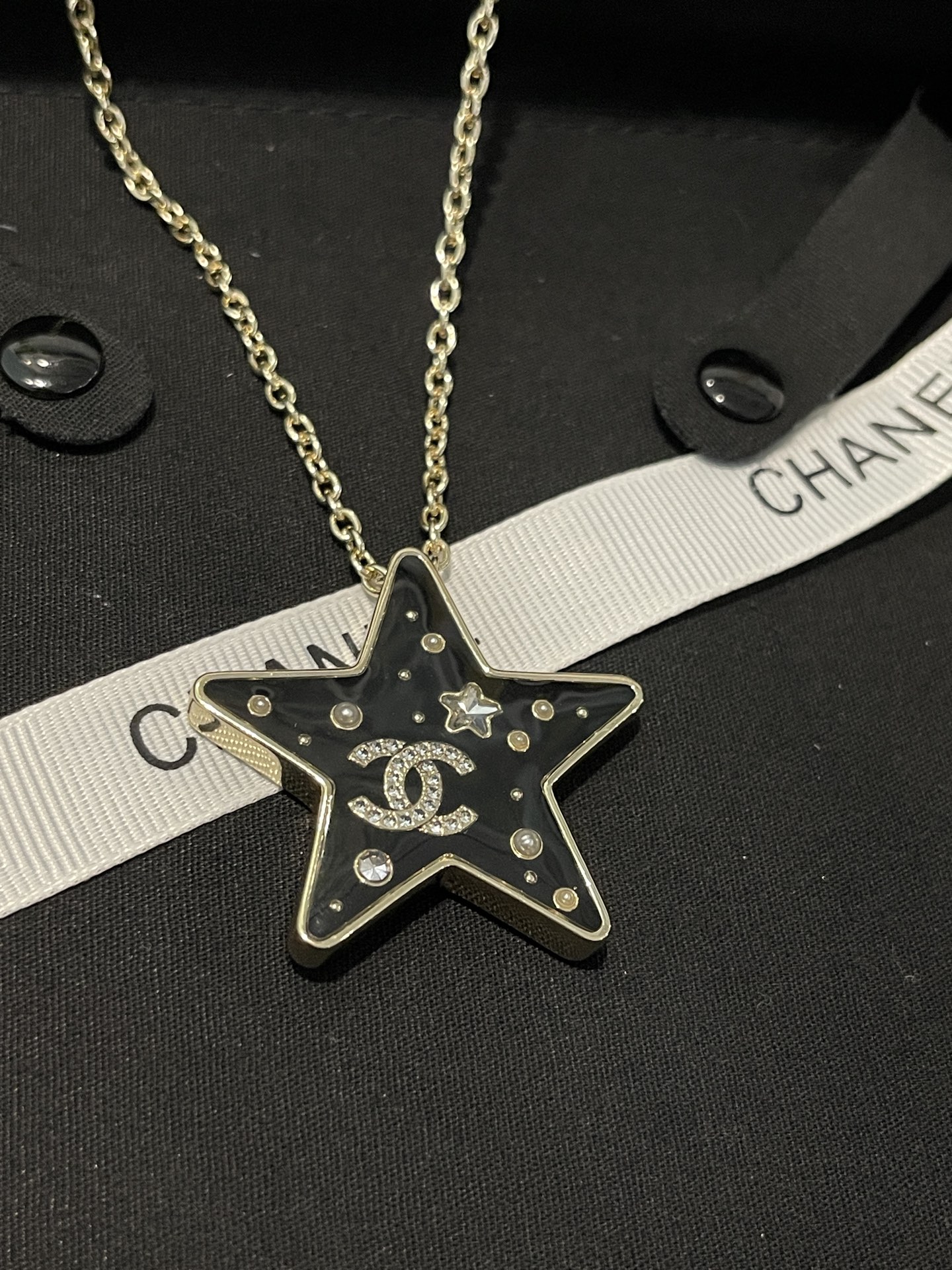 Chanel Diamond Paved Black Enamel Star Pendant Necklace - Rep Fashion™