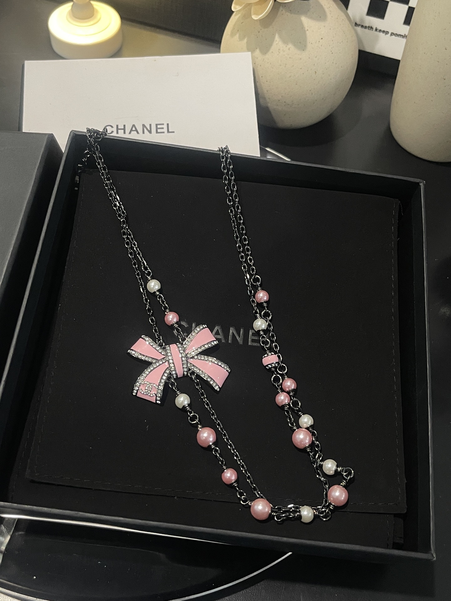 Chanel Two Layers Pink Bow Pearl Necklace - Rep Fashion™