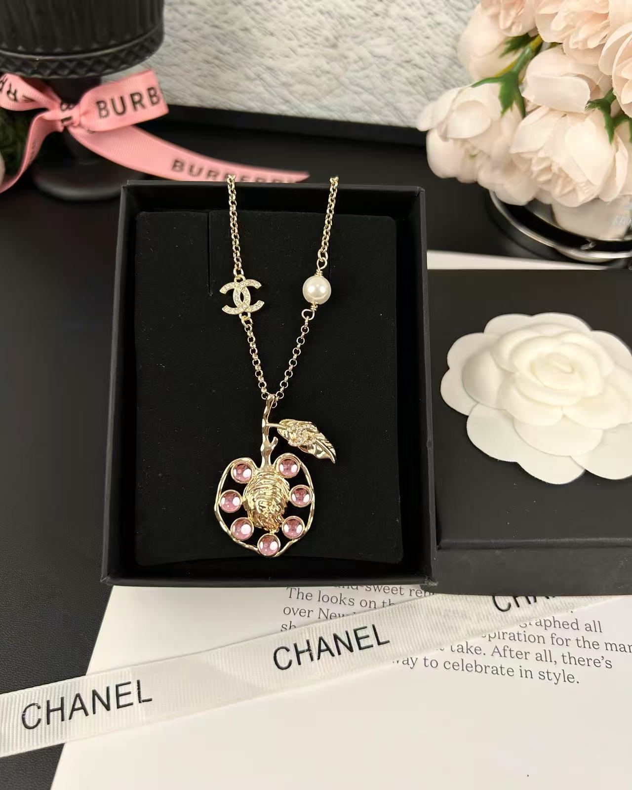 Chanel Pink Rhinestone Peach Pendant Necklace - Rep Fashion™