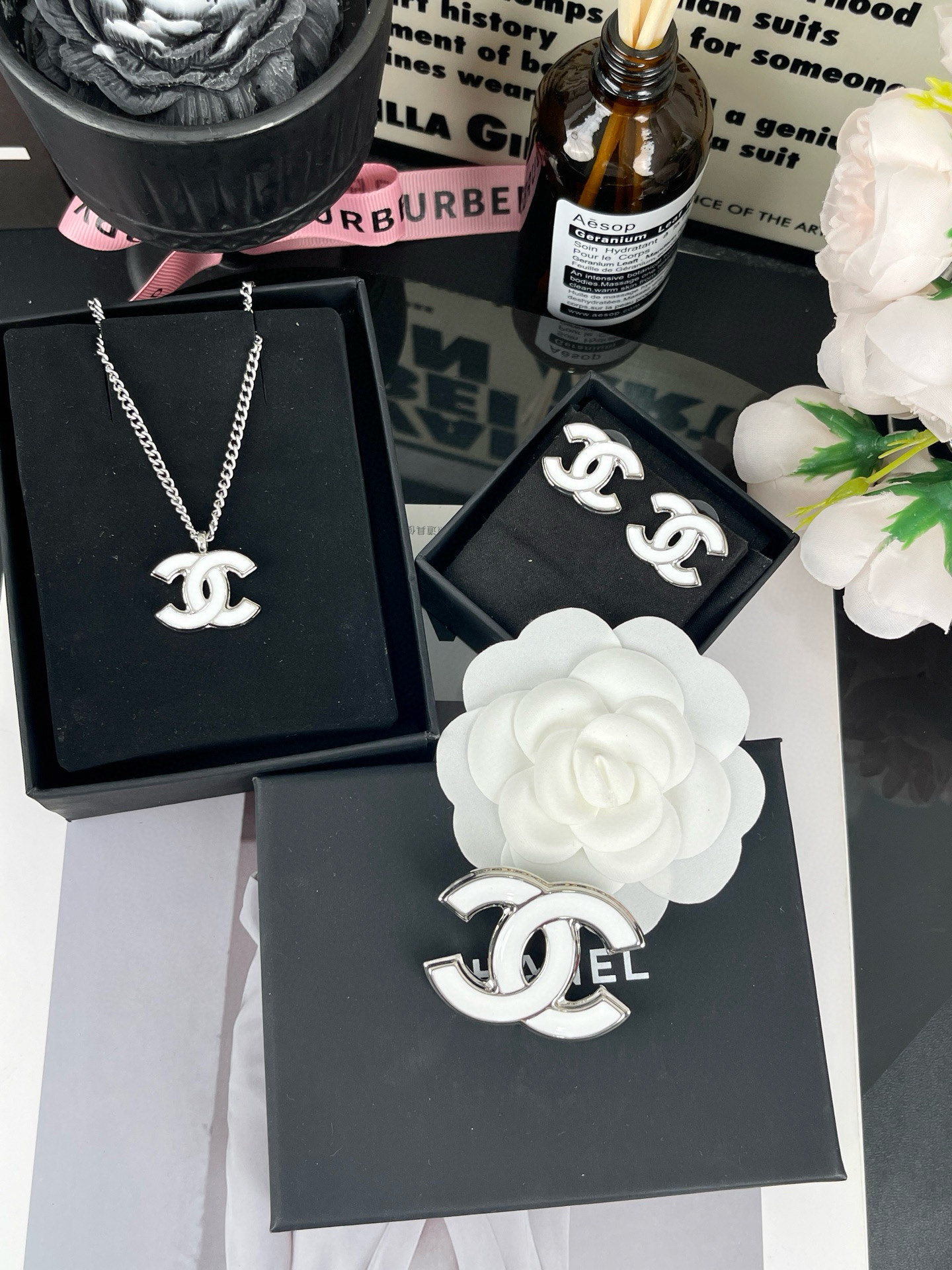 Chanel White Enamel CC Earrings Brooch Necklace - Rep Fashion™