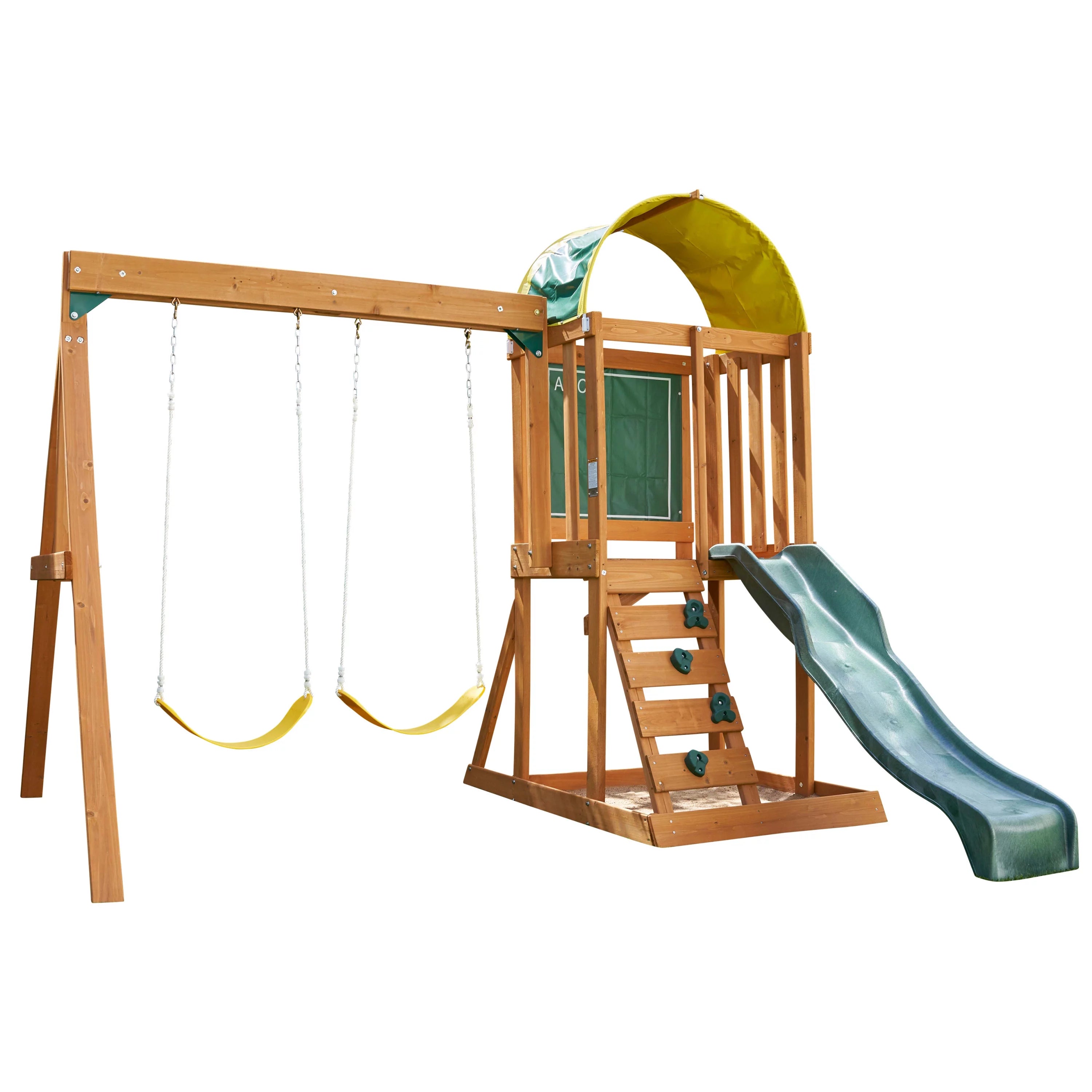 2024 KidKraft Ainsley Conjunto de Columpios de Madera para Exterior con Resbaladilla y Pared de Escalada