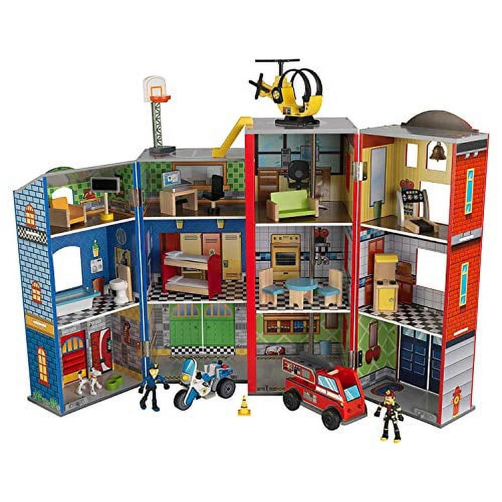KidKraft Conjunto de Juego Héroes Cotidianos 2024 – Estación de Bomberos y Policía de Madera con Accesorios